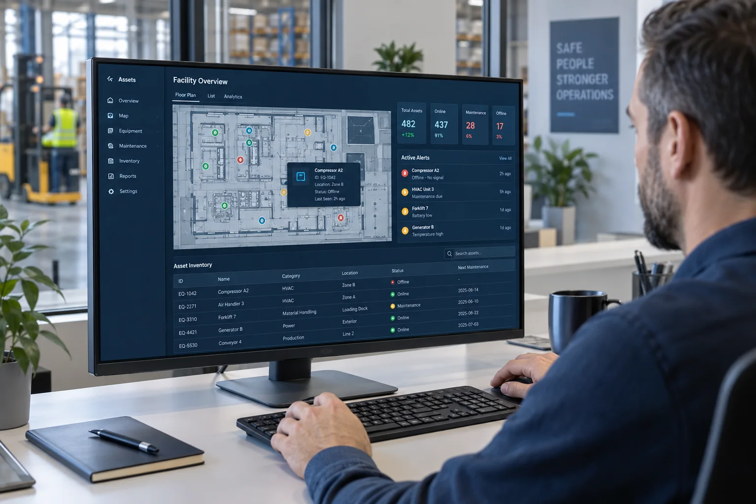 Asset manager reviewing equipment locations and maintenance alerts