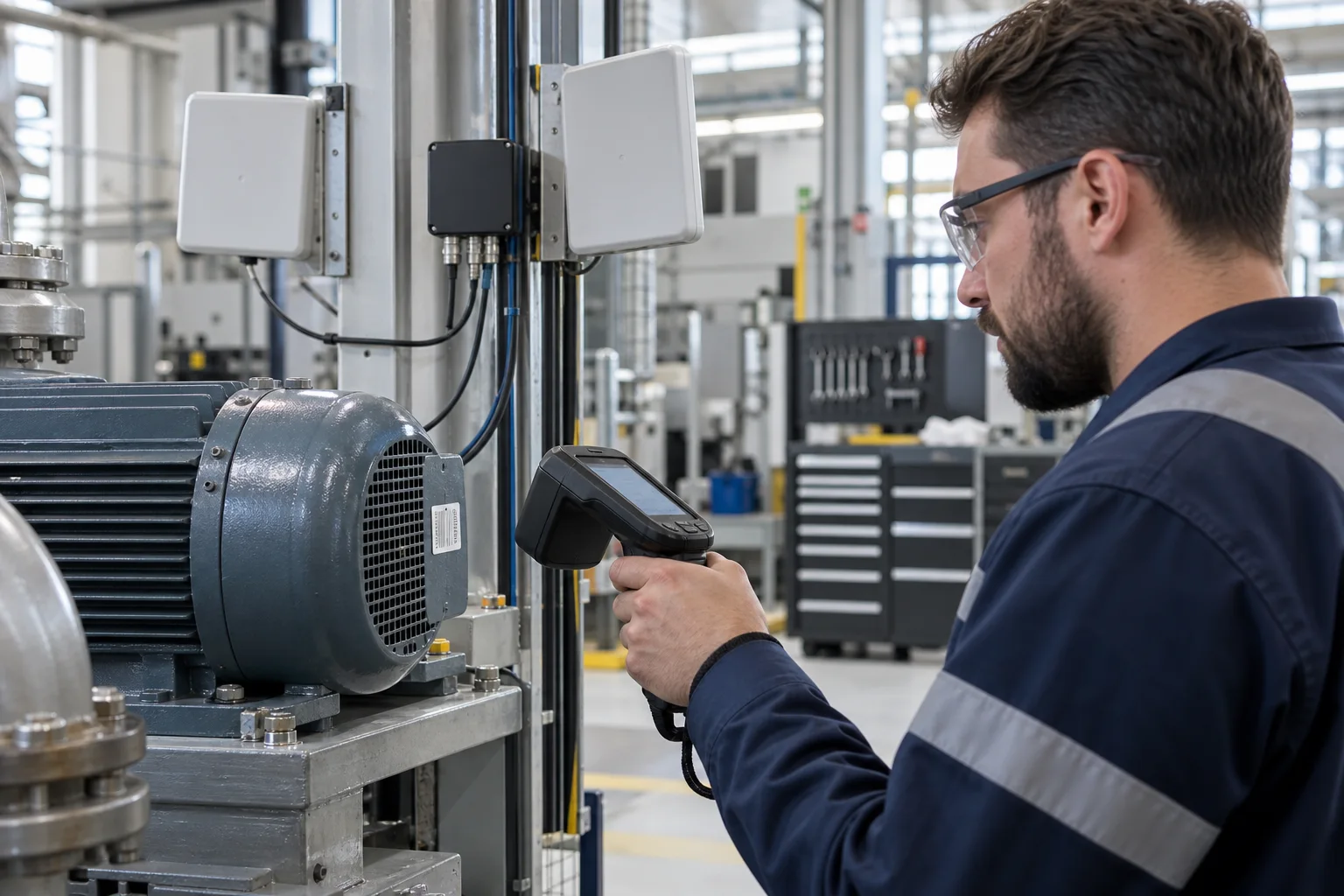Technician scanning tagged industrial equipment with an RFID reader