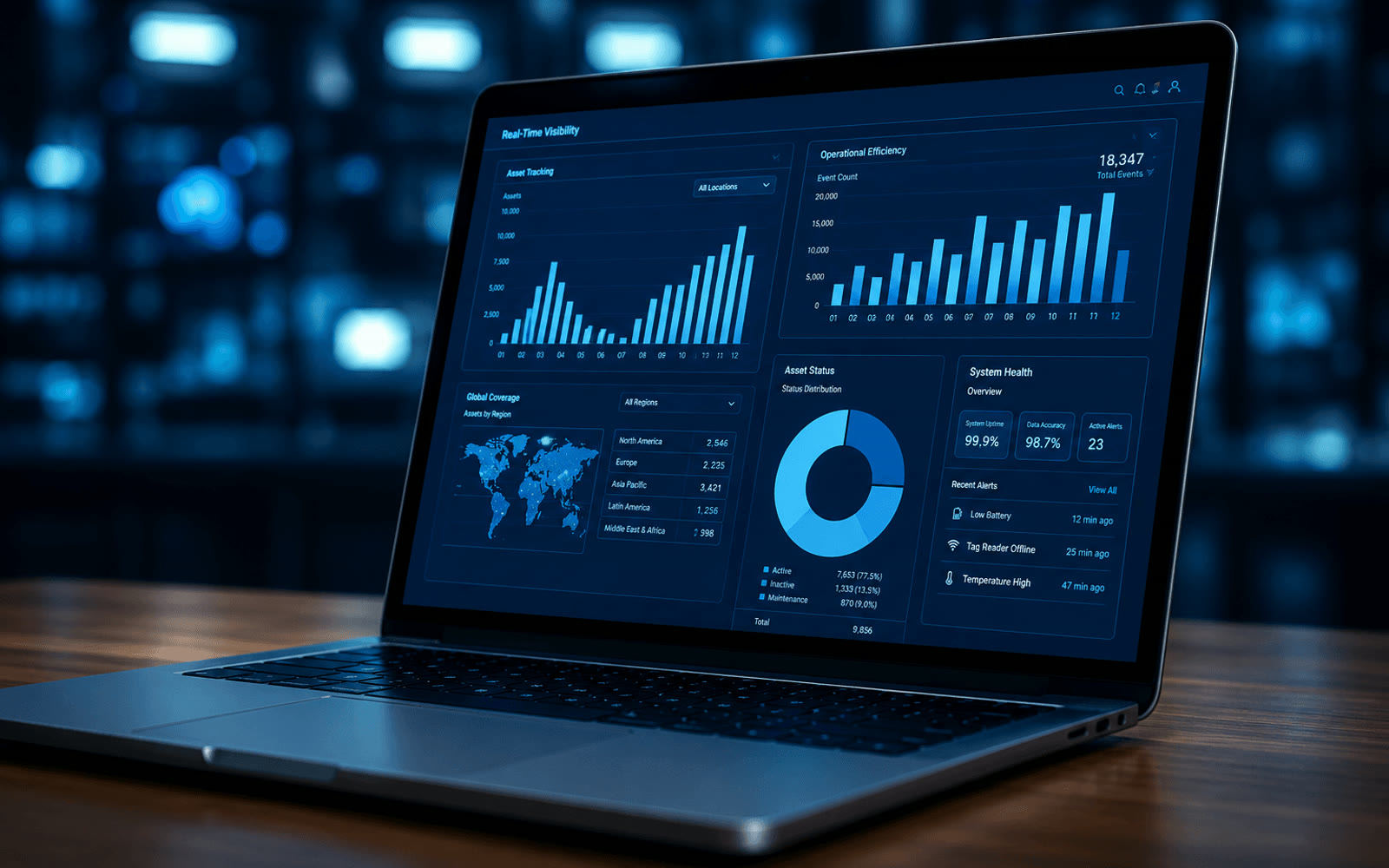 The Edge360 dashboard on a laptop: live asset counts, a throughput chart and a site map of tracked assets.