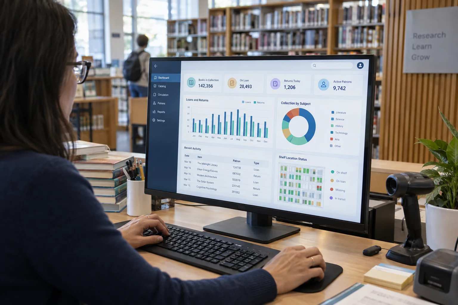 Librarian using a collection and circulation management dashboard