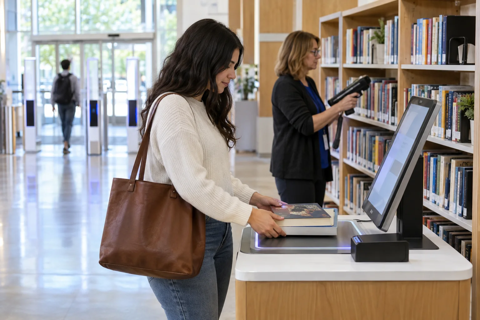 Patron using an RFID self-check station while a librarian scans shelves
