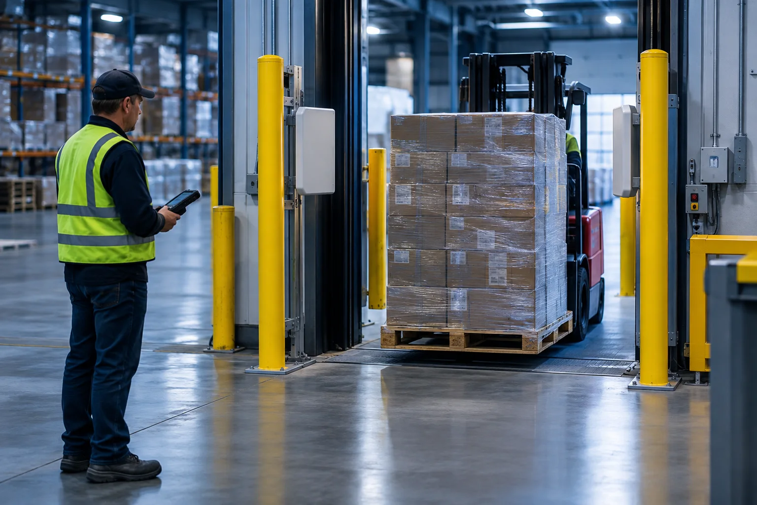 A pallet passing through fixed RFID portal antennas at a warehouse dock door