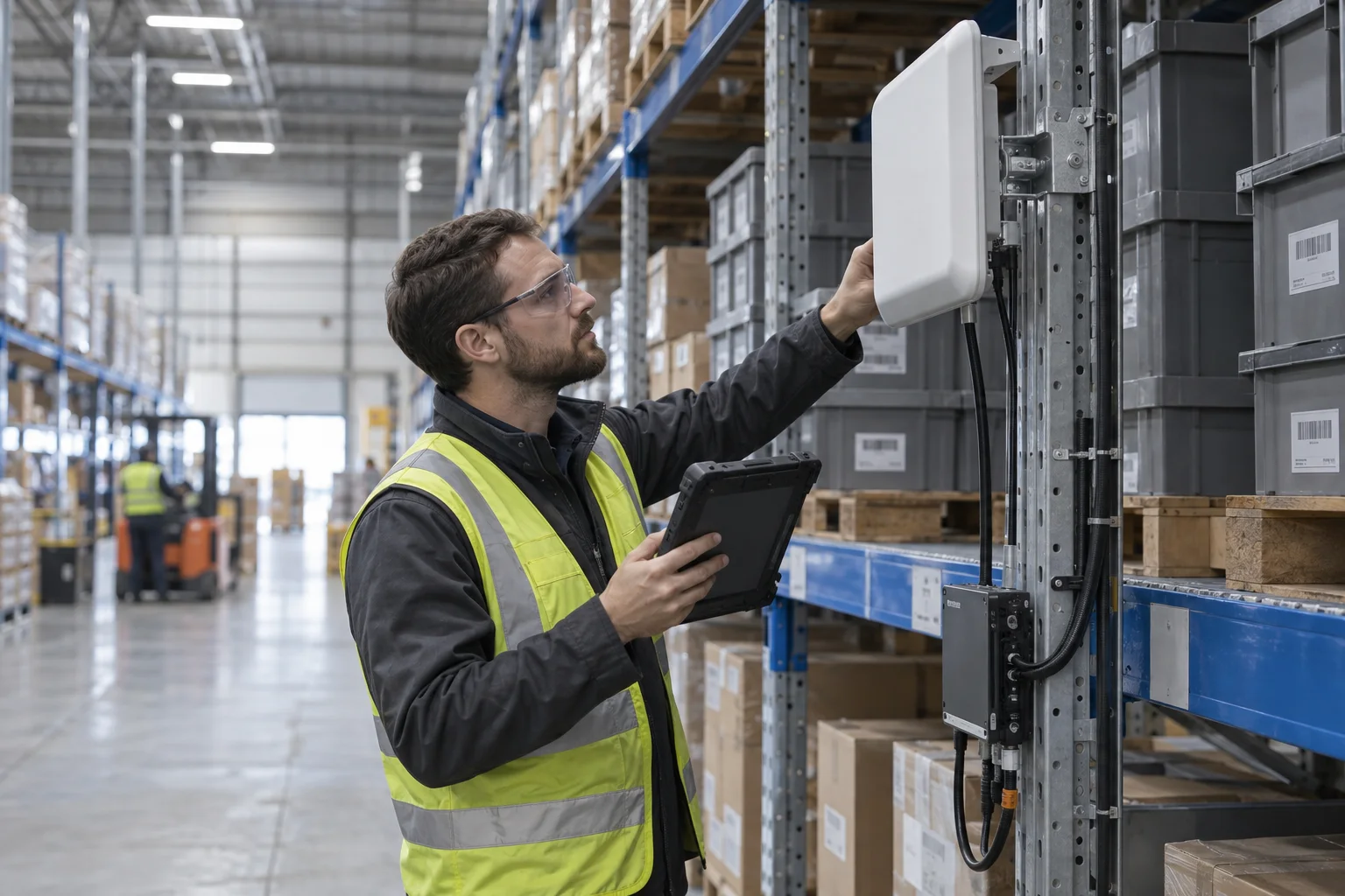 RFID engineer adjusting a fixed antenna during a warehouse site survey