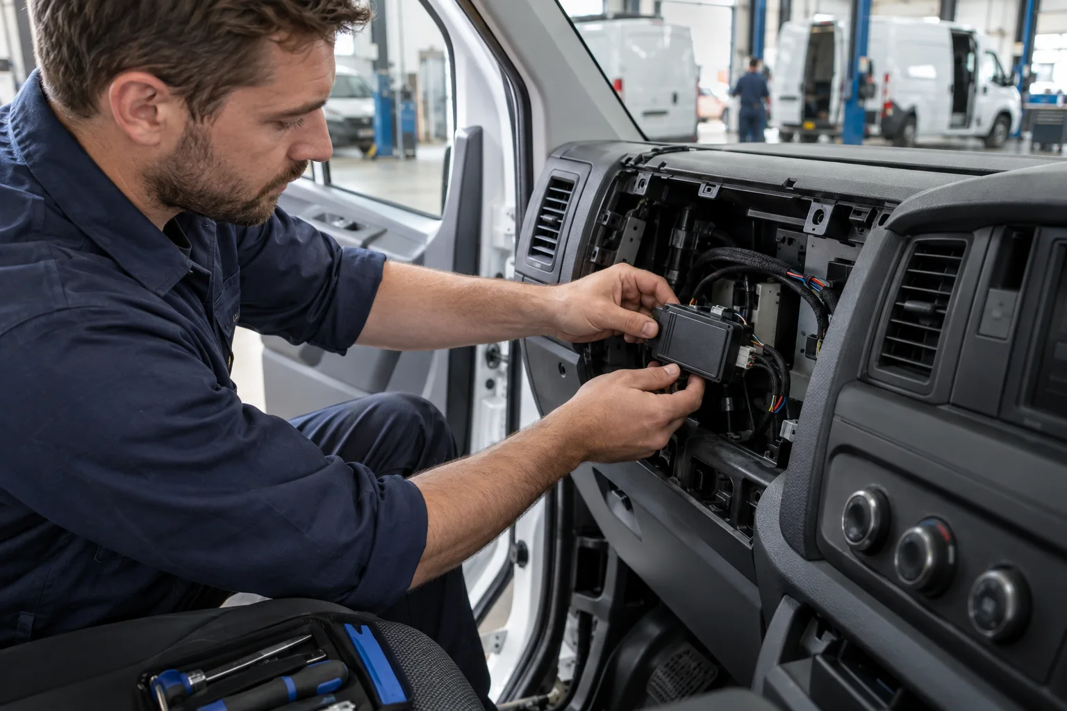 Technician installing a telematics unit in a commercial vehicle