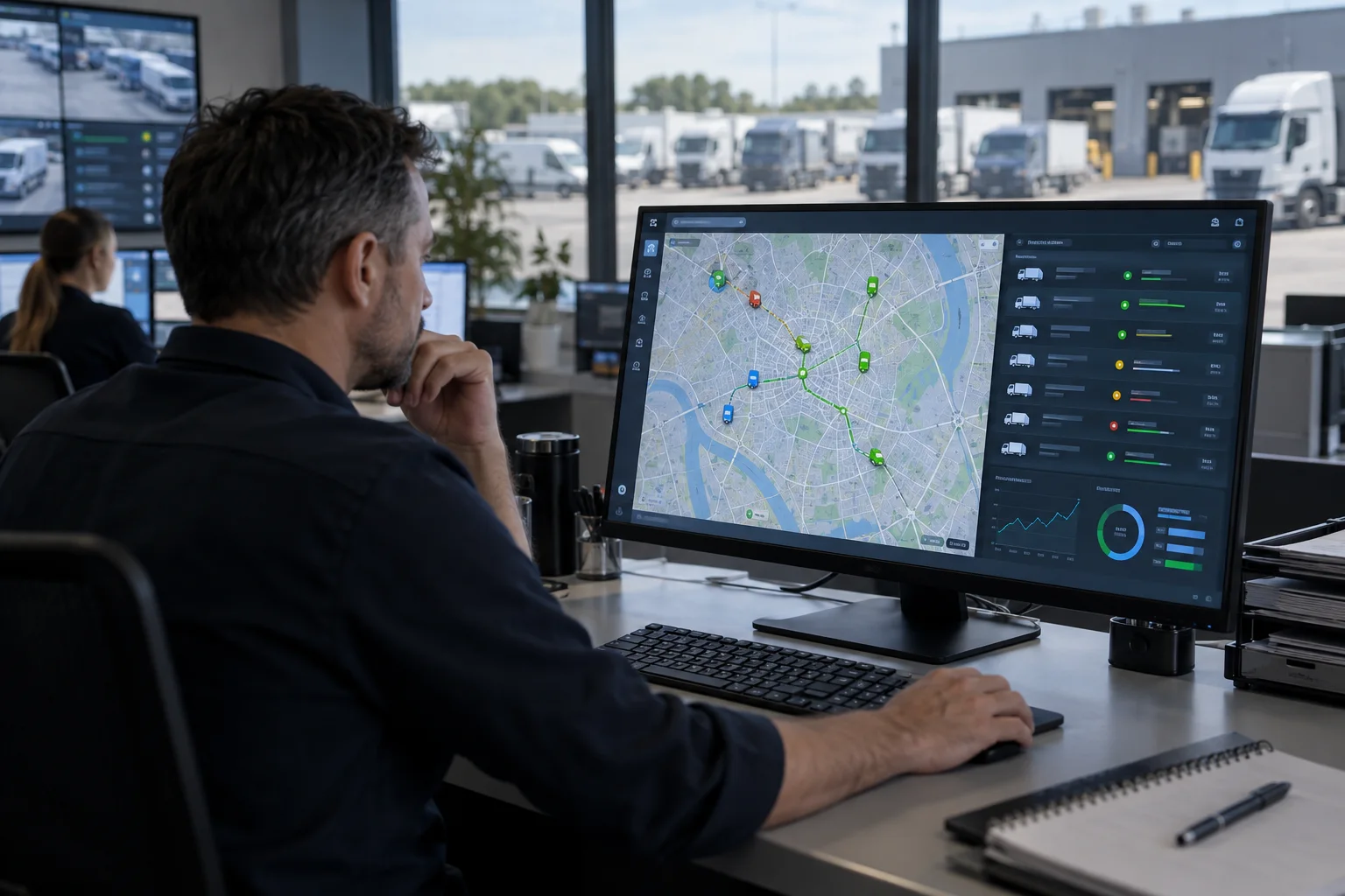 Fleet dispatcher monitoring vehicle routes, status, and alerts